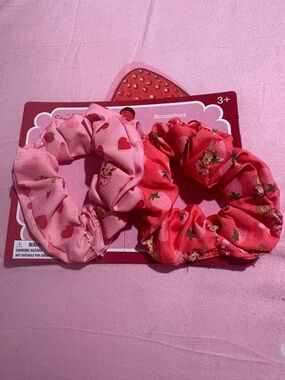 Kids Strawberry-Print Pink Hair Scrunchies - Set of 2